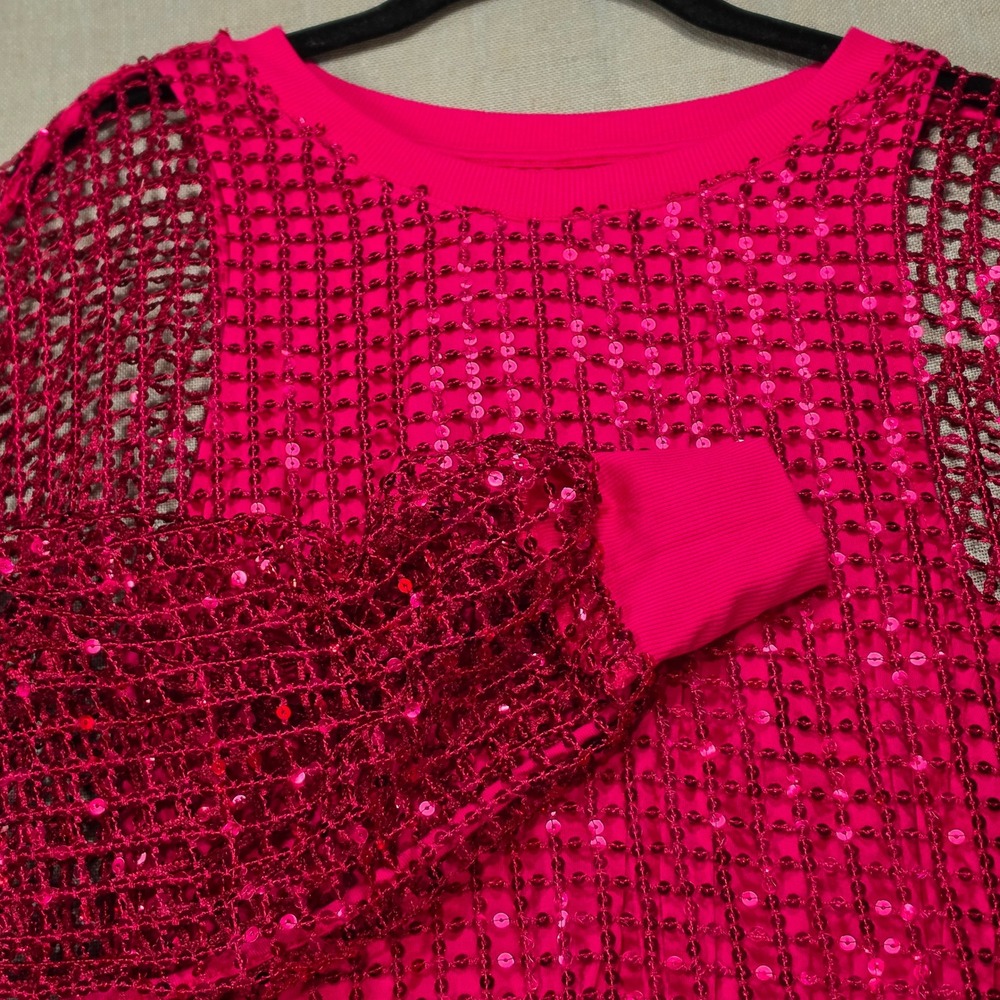 Pilcro Sequin Mesh Top Women Small Pink NWT Anthropologie Long Sleeve Magenta - Picture 1 of 13